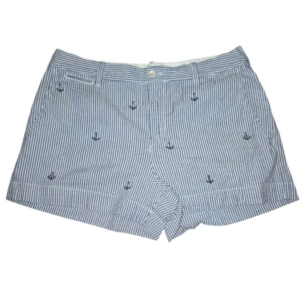 Polo Ralph Lauren Blue & White Anchor Embroidered Seersucker Shorts Sz 10 Stain*